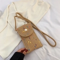 Mini straw woven phone bag in beige with colorful pom-poms and pearl button - Khaki with Pearl & Colorful Poms