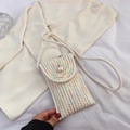 Mini woven straw cell phone bag with colorful stitching, white base and pearl closure - Colorful White with Pearl