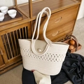 Beige cotton woven tote bag with wave patterns, leather flap, and large pearl button - Off-White Hollow Belt Pearl