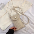 Mini straw woven phone bag in beige featuring a decorative large pearl and rope strap - Off-White With Pearl