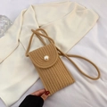 Mini khaki straw woven crossbody phone bag with large pearl button detail for women - Khaki With Pearl