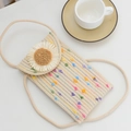 Mini straw woven phone bag in beige with white daisy flower and rainbow pom-poms - Off-white with Colorful Poms & Daisy