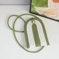 Forest green and white striped woven straw crossbody mini bag with wooden bead closure - Green and White Striped