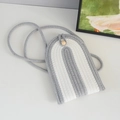 Mini silver straw woven phone bag with gray and white pattern and wooden bead closure - Grey and White Stripes