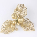Gambo di foglie di Natale artificiali dorate glitterate con bacche decorative - Oro