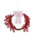 Christmas wreath with red berries, rattan base and pink striped ribbon for door decoration - Pink Silver Stripe Bow (Wreath C)