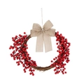 Christmas wreath with vibrant red berries, rustic linen bow and vine ring base for door - Light Beige Burlap Bow (Wreath D)