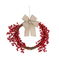 Christmas red berry wreath with rustic burlap bow and natural twig base for door decor - Tan Linen Bow (Wreath E)