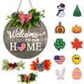 Willkommensschild für die Tür mit 10 austauschbaren saisonalen Symbolen und Holzkranz - DIY Muster Holzschild Set