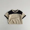 Katoenen kinder-T-shirt met zwart en beige kleurblokontwerp in platte weergave - 80cm / Zwart/Khaki