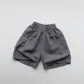 Détails du short enfant en coton et lin gris foncé avec taille élastique et poches - gris foncé / 80cm