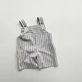 Detail of children striped overall shorts with adjustable button straps and front pockets - 80cm / Apricot Gray Striped