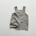 Detailed view of kids grey cotton linen overalls with adjustable straps and side pockets - 80cm / Grey Khaki