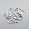 Detail showing high-quality grey striped cotton t-shirt fabric and neck stitching - 80cm / Light Gray