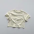 Close-up of yellow and white striped cotton knit T-shirt for children with crew neck detail - 80cm / Light Yellow