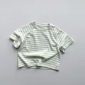 Detail of green and white striped cotton t-shirt with reinforced crew neck for kids - 80cm / Light Green