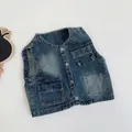 Flachbild der blauen Vintage-Jeansweste für Kinder mit Metallknöpfen und Wascheffekten - 80cm / Graublau