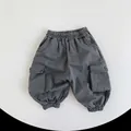 Close-up of deep grey cargo pants showing elastic waistband and large side pockets - 80cm / Smoke