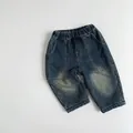 Jeans in denim blu lavato per bambini con elastico in vita e fodera in pile - Blu scuro / 80cm