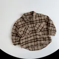 Detailed view of children's vintage brown plaid shirt with double chest pockets - 80cm / Ginger Yellow Plaid