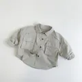 Light gray long sleeve kids cotton shirt with double chest pockets and lapel collar - Beige Grey / 80cm