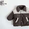 Winter padded warm jacket for kids with retro color-block design in brown and beige - 80cm / Grey Brown