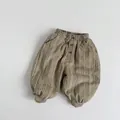 Dettaglio dei pantaloni in velluto a coste con strisce verticali marroni e verdi e bottoni - Righe Cachi / 100cm