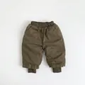 Detailed view of kids padded winter pants with elastic waistband and quilted olive fabric - 80cm / Dark Brown