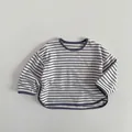 Detail view of cotton striped kids t-shirt with curved hem and contrast neckline binding - 80cm / Blue Stripe
