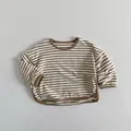 Detail of baby striped long sleeve tee with coffee brown ribbed collar and cuffs - 80cm / Khaki Stripes