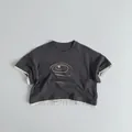 Detail of grey kids T-shirt featuring layered sleeve design and THE STAR graphic print - Dark Gray / 80cm