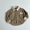 Chemise à carreaux en coton pour enfants avec col contrasté et poche de style coréen - 80cm / Argyle Café Clair