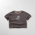 Detail of soft cotton kids t-shirt showing bear graphic and contrast ribbed neckline - Grey Coffee / 80cm