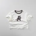 Close-up of kids white cotton tee with brown contrast collar and cartoon bear print - Cream / 80cm