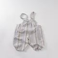 Close-up of baby striped overalls in soft cotton linen with white button details - Blue Stripe / 80cm