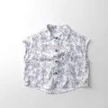 Close-up of boys white floral print sleeveless shirt with pocket and buttons - 80cm / White