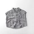Close-up of boys vintage gray floral cotton linen sleeveless shirt with pockets - 80cm / Gray