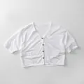 Close-up of white breathable cotton kids cardigan with V-neck and brown buttons - 80cm / White
