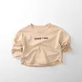 Detail of cotton kids long sleeve t-shirt with GOOD TIME letter print and curved hemline - 80cm / Beige Apricot