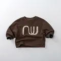 Close-up of dark brown long-sleeve sweatshirt featuring white nw letter print and crew neck - 80cm / Coffee