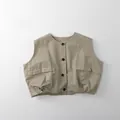 Detail of child's khaki vest featuring a round neck, dark buttons and pleated hem design - 80cm / Light Khaki