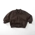 Detail of dark brown cotton flight jacket with ribbed collar, cuffs and front zip closure - 80cm / Dark Brown