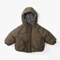 Detail view of winter kids hooded coat in olive green with stylish leopard print lining - Coffee / 80cm