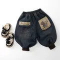 Pantaloni in denim foderati in pile per bambini con elastico e ricamo di orso - 80cm / Blu Denim