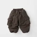Detail view of dark brown fleece-lined cargo pants with elastic waist and large side pockets - Dark Gray / 80cm