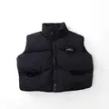 Close-up of kids black padded vest with stand collar and nothing embroidery detail - 80cm / Black