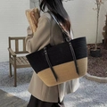 Chic woven cotton bucket bag featuring a black and khaki two-tone design with leather straps - 45*28 / Black Khaki
