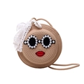 Borsa a tracolla rotonda in paglia con occhiali di perle e ricamo di labbra rosse - Stile Occhiali Perle Labbra Rosse / Cachi