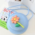 Petit sac bandoulière en coton tressé bleu clair avec décoration florale 3D - Sac Chapeau Bleu + Tournesol Orange