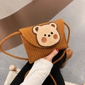 Brown woven envelope bag with a cute 3D teddy bear patch and matching shoulder strap - Brown